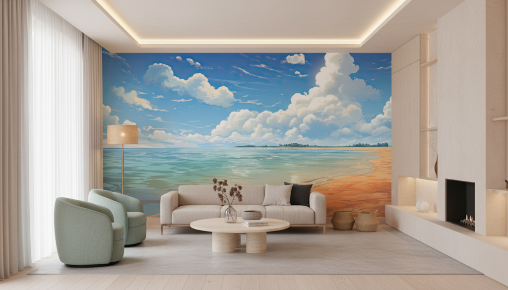 Papier Peint Plage Tropicale Ciel Bleu Nuages Blancs Ocean - Hôtel