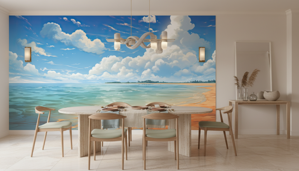 Papier Peint Plage Tropicale Ciel Bleu Nuages Blancs Ocean - Salle à manger