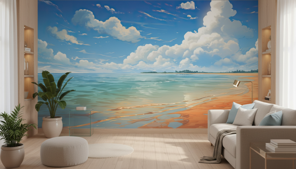 Papier Peint Plage Tropicale Ciel Bleu Nuages Blancs Ocean - Salon / Séjour