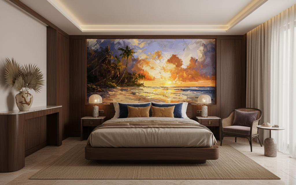 Papier Peint Plage Tropicale Coucher de Soleil Palmiers Dorés - Hôtel