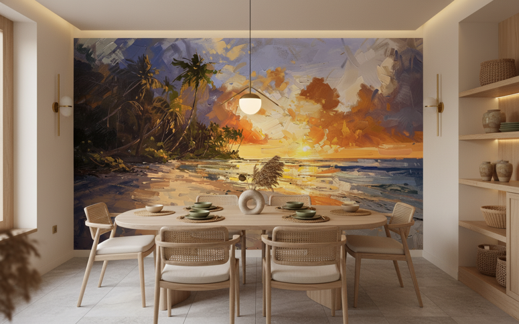 Papier Peint Plage Tropicale Coucher de Soleil Palmiers Dorés - Salle à manger