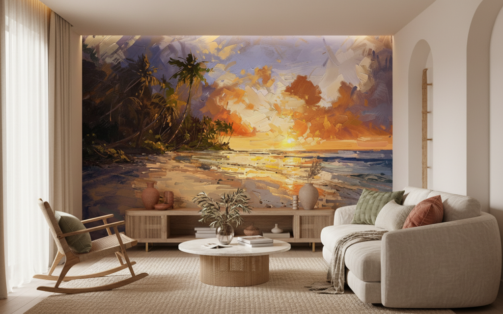 Papier Peint Plage Tropicale Coucher de Soleil Palmiers Dorés - Salon / Séjour