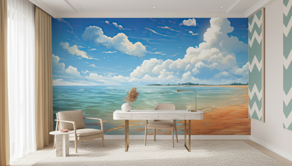 Papier Peint Plage Tropicale Océan Turquoise Ciel Nuageux Sable Doré - Bureau