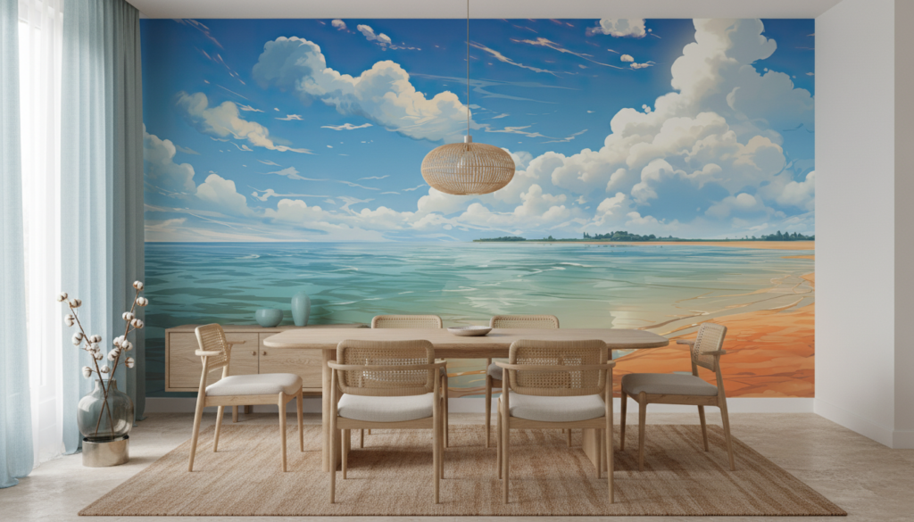 Papier Peint Plage Tropicale Océan Turquoise Ciel Nuageux Sable Doré - Salle à manger