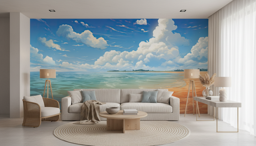 Papier Peint Plage Tropicale Océan Turquoise Ciel Nuageux Sable Doré - Salon / Séjour