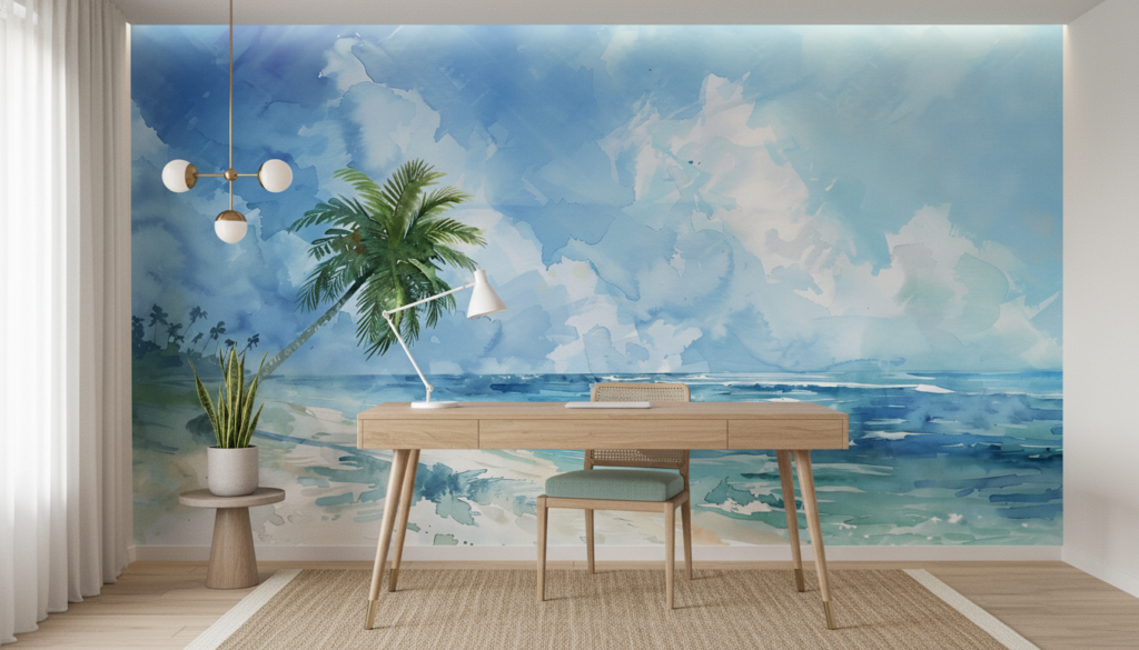 Papier Peint Plage Tropicale Palmier Océan Aquarelle Bleue - Bureau