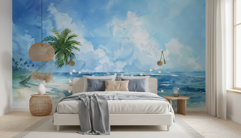 Papier Peint Plage Tropicale Palmier Océan Aquarelle Bleue - Chambre adulte