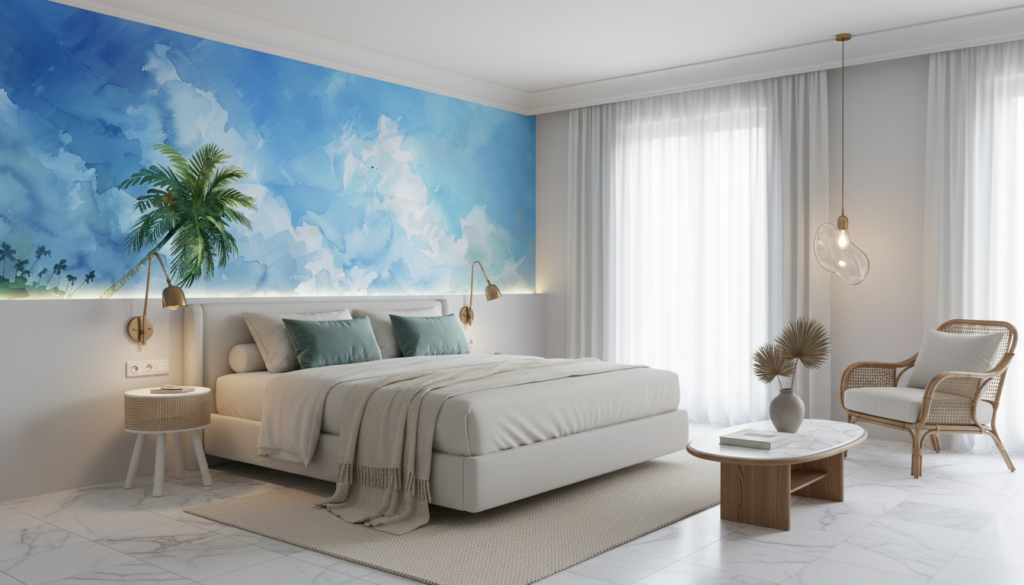 Papier Peint Plage Tropicale Palmier Océan Aquarelle Bleue - Hôtel