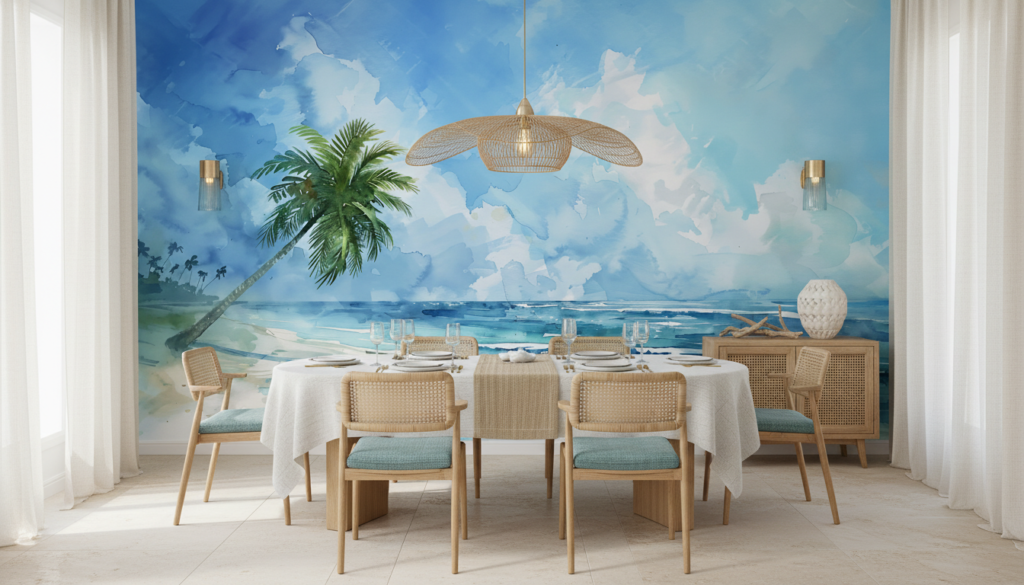 Papier Peint Plage Tropicale Palmier Océan Aquarelle Bleue - Salle à manger