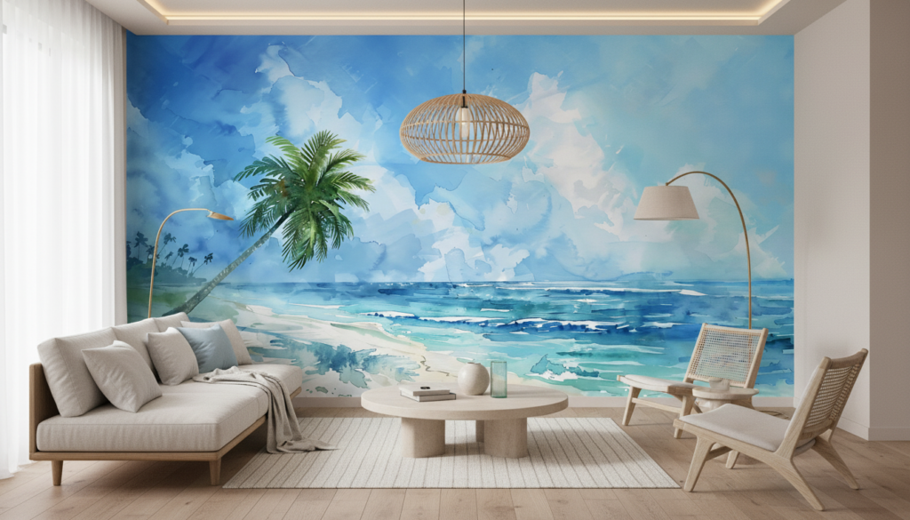 Papier Peint Plage Tropicale Palmier Océan Aquarelle Bleue - Salon / Séjour