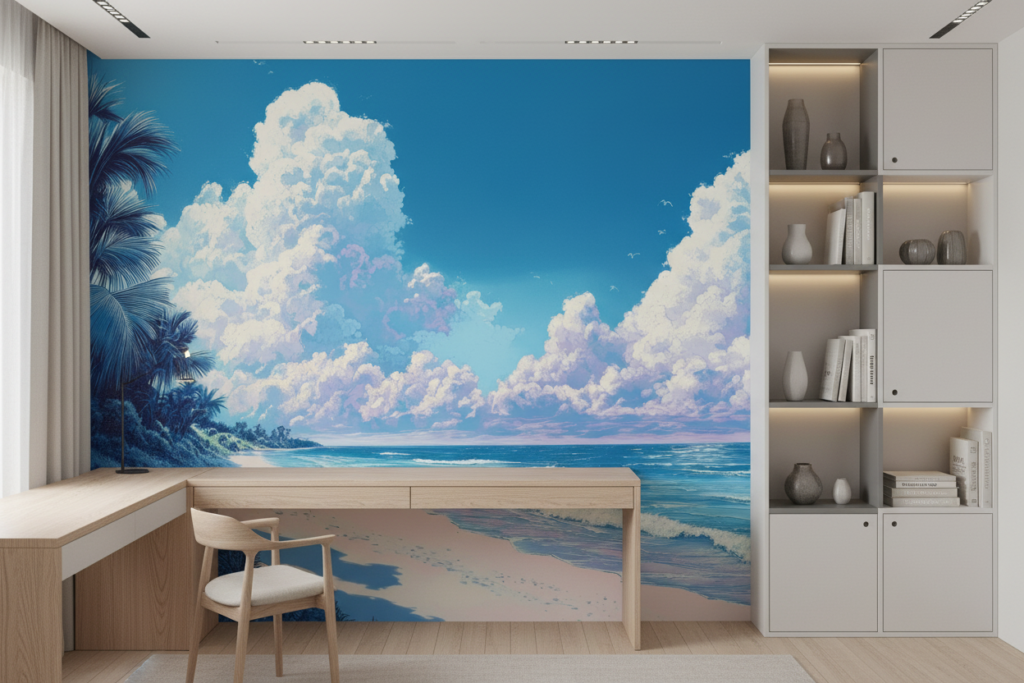 Papier Peint Plage Tropicale Paradisiaque avec Palmiers et Océan Turquoise - Bureau