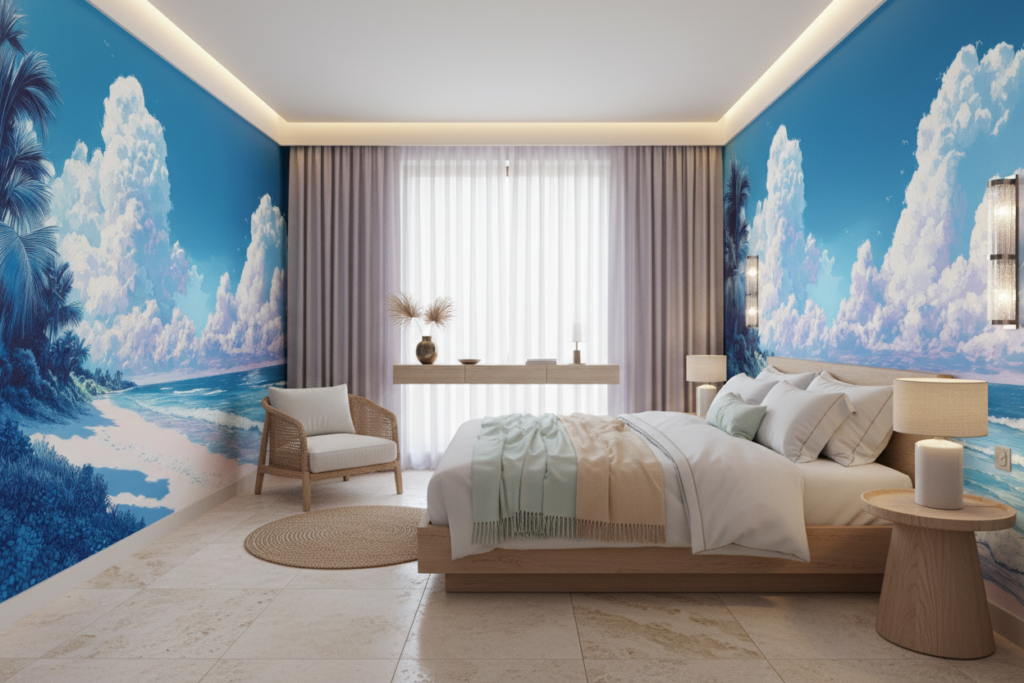 Papier Peint Plage Tropicale Paradisiaque avec Palmiers et Océan Turquoise - Hôtel