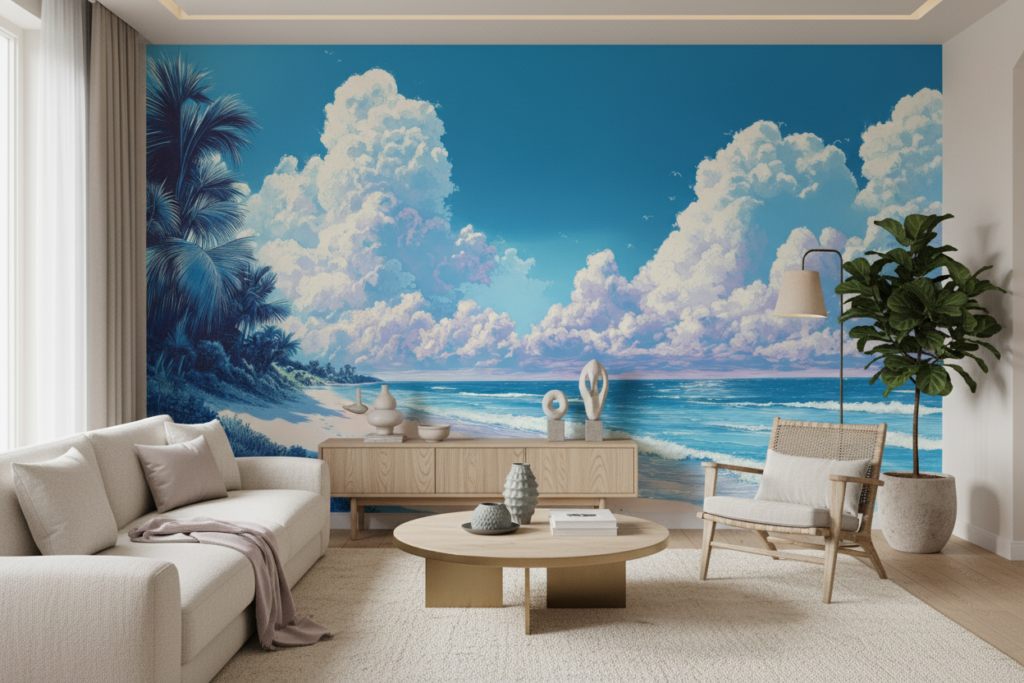 Papier Peint Plage Tropicale Paradisiaque avec Palmiers et Océan Turquoise - Salon / Séjour