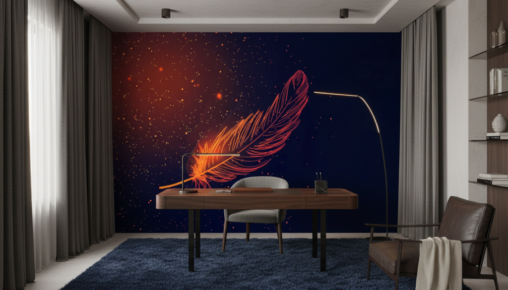 Papier peint plume cosmique dorée sur fond étoilé nocturne - Bureau