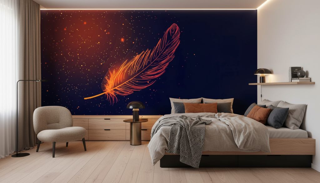 Papier peint plume cosmique dorée sur fond étoilé nocturne - Chambre ado