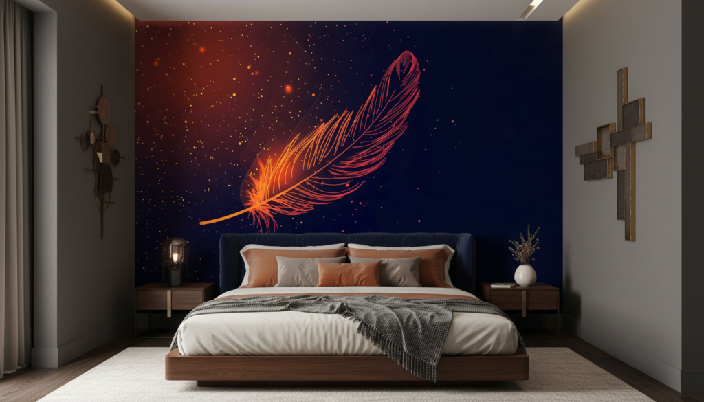 Papier peint plume cosmique dorée sur fond étoilé nocturne - Chambre adulte