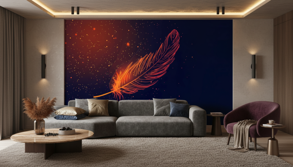 Papier peint plume cosmique dorée sur fond étoilé nocturne - Salon / Séjour