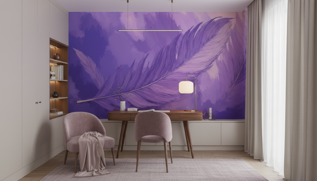 Papier Peint Plume Violette Artistique Fond Aquarelle Nuagée - Bureau