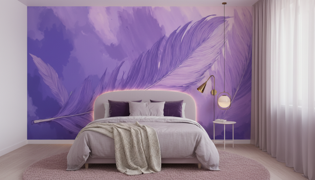 Papier Peint Plume Violette Artistique Fond Aquarelle Nuagée - Chambre ado