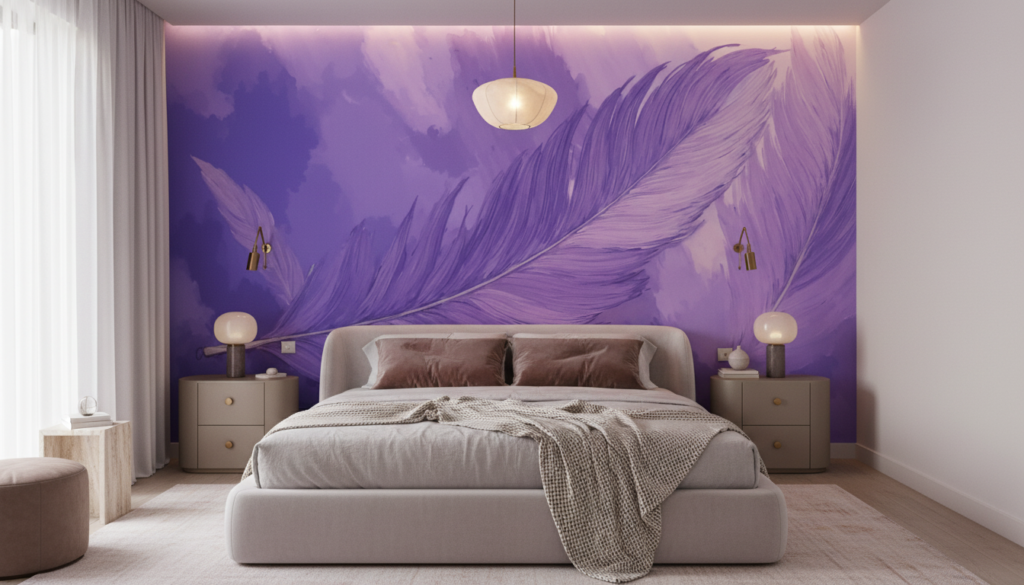 Papier Peint Plume Violette Artistique Fond Aquarelle Nuagée - Chambre adulte
