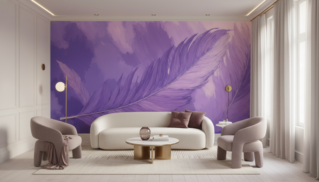 Papier Peint Plume Violette Artistique Fond Aquarelle Nuagée - Salon / Séjour