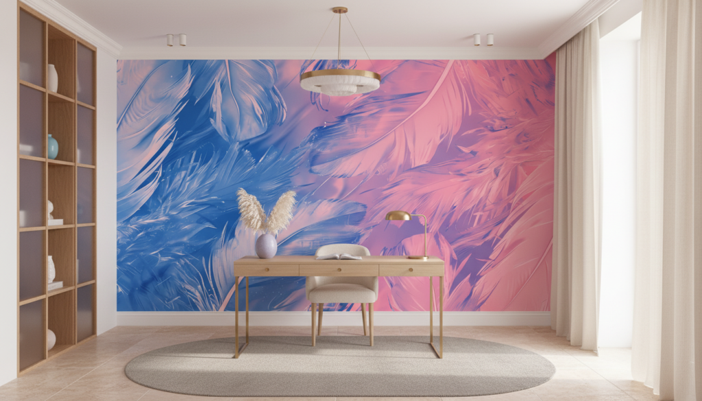 Papier Peint Plumes Artistiques Dégradé Rose et Bleu - Bureau