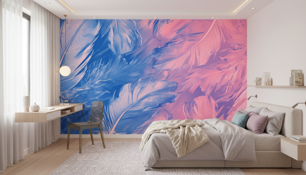 Papier Peint Plumes Artistiques Dégradé Rose et Bleu - Chambre ado