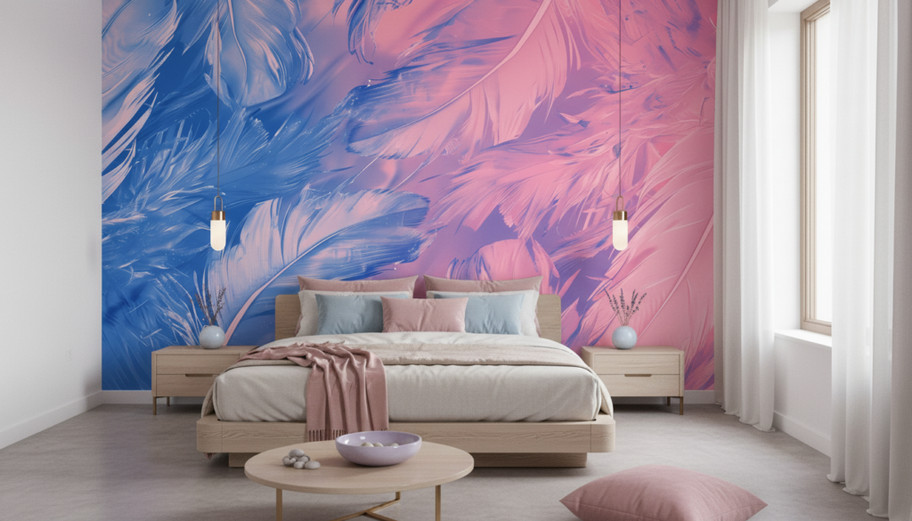 Papier Peint Plumes Artistiques Dégradé Rose et Bleu - Chambre adulte