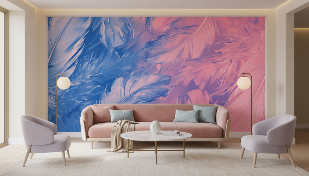 Papier Peint Plumes Artistiques Dégradé Rose et Bleu - Salon / Séjour