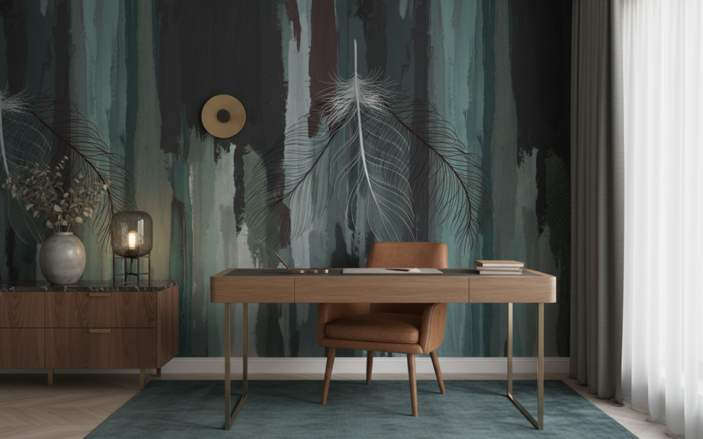 Papier peint plumes artistiques sur fond texturé bleu-vert vintage - Bureau