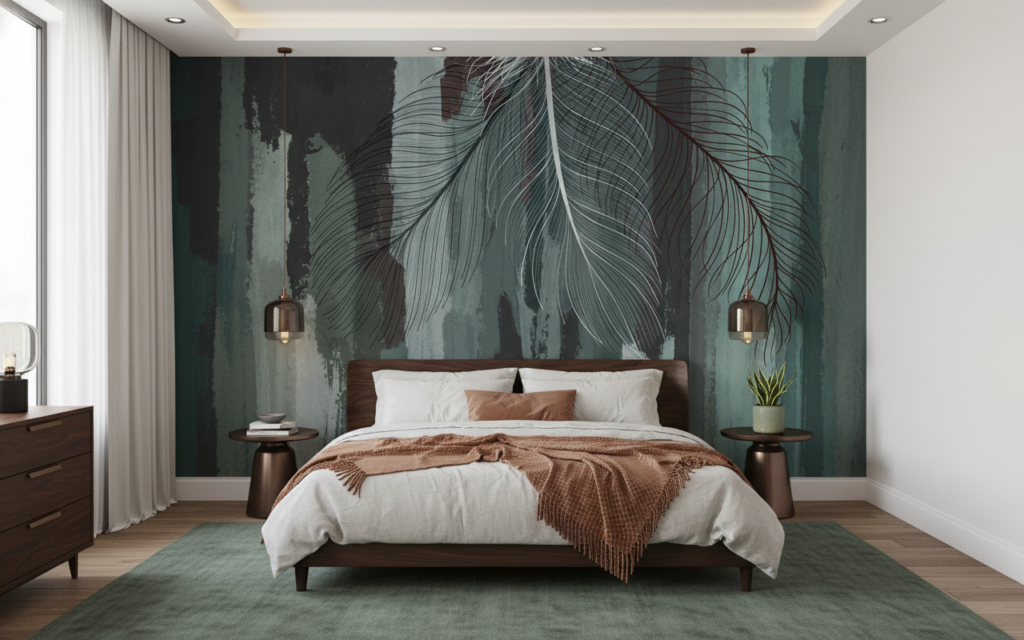 Papier peint plumes artistiques sur fond texturé bleu-vert vintage - Chambre adulte