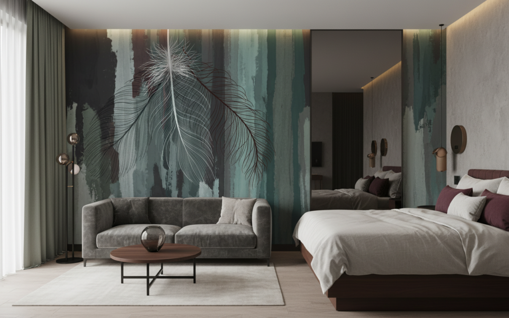 Papier peint plumes artistiques sur fond texturé bleu-vert vintage - Hôtel