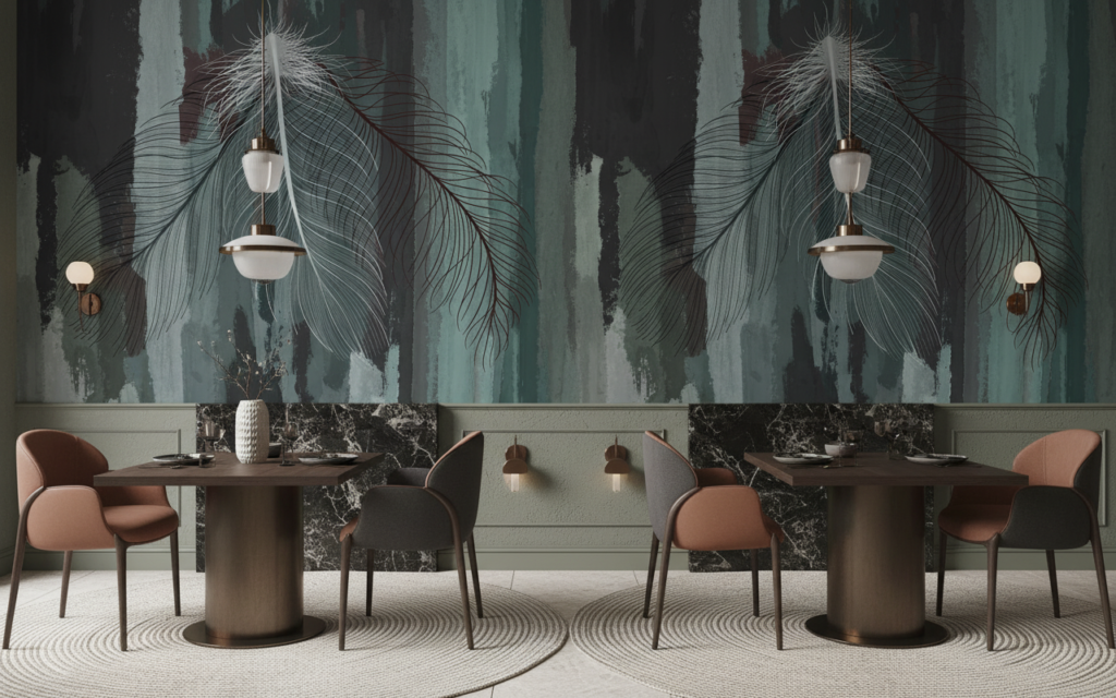 Papier peint plumes artistiques sur fond texturé bleu-vert vintage - Restaurant