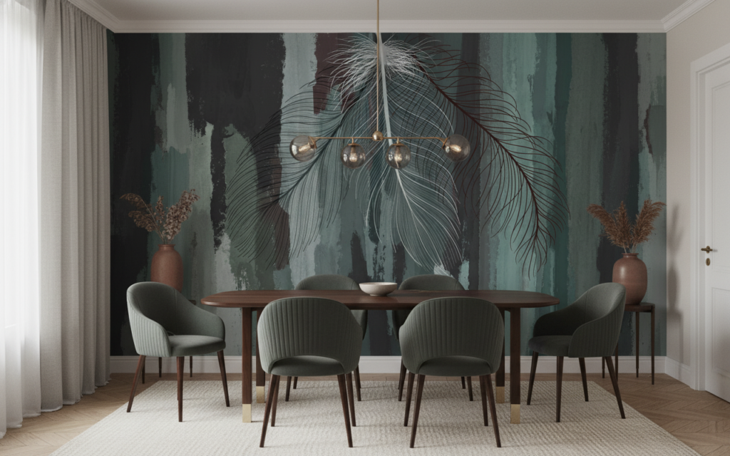 Papier peint plumes artistiques sur fond texturé bleu-vert vintage - Salle à manger