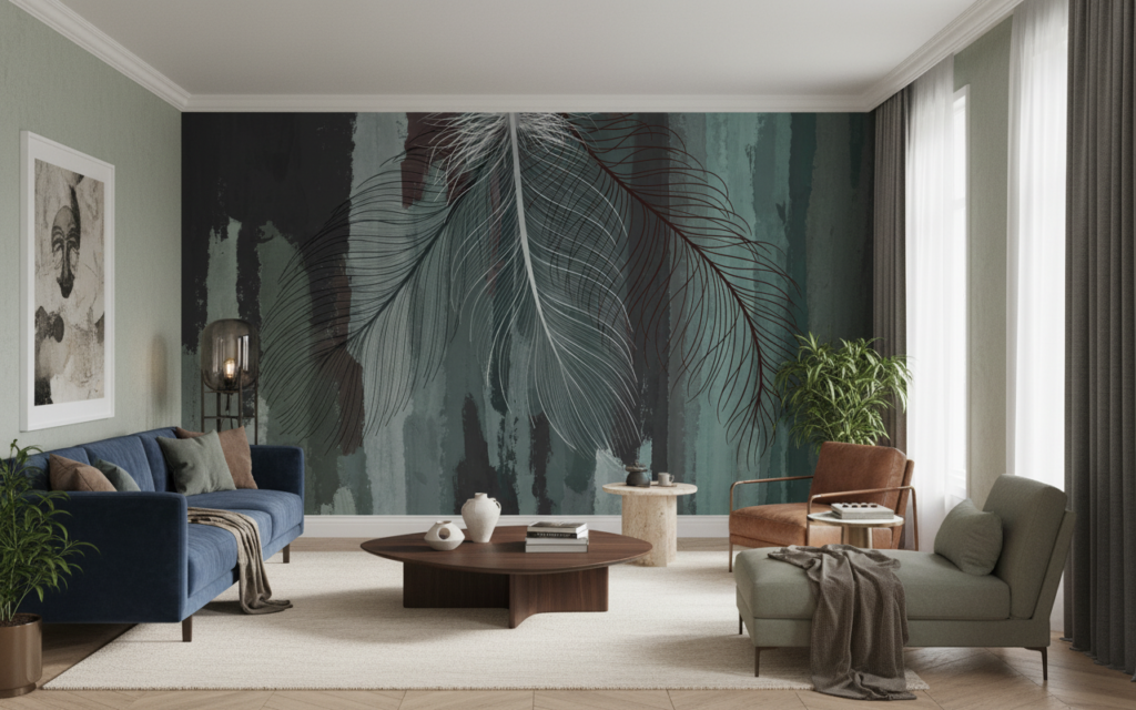Papier peint plumes artistiques sur fond texturé bleu-vert vintage - Salon / Séjour
