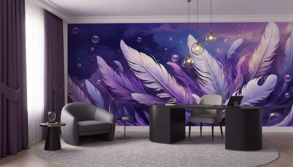 Papier Peint Plumes Éthérées Violet Cosmique Bulles Iridescentes - Bureau