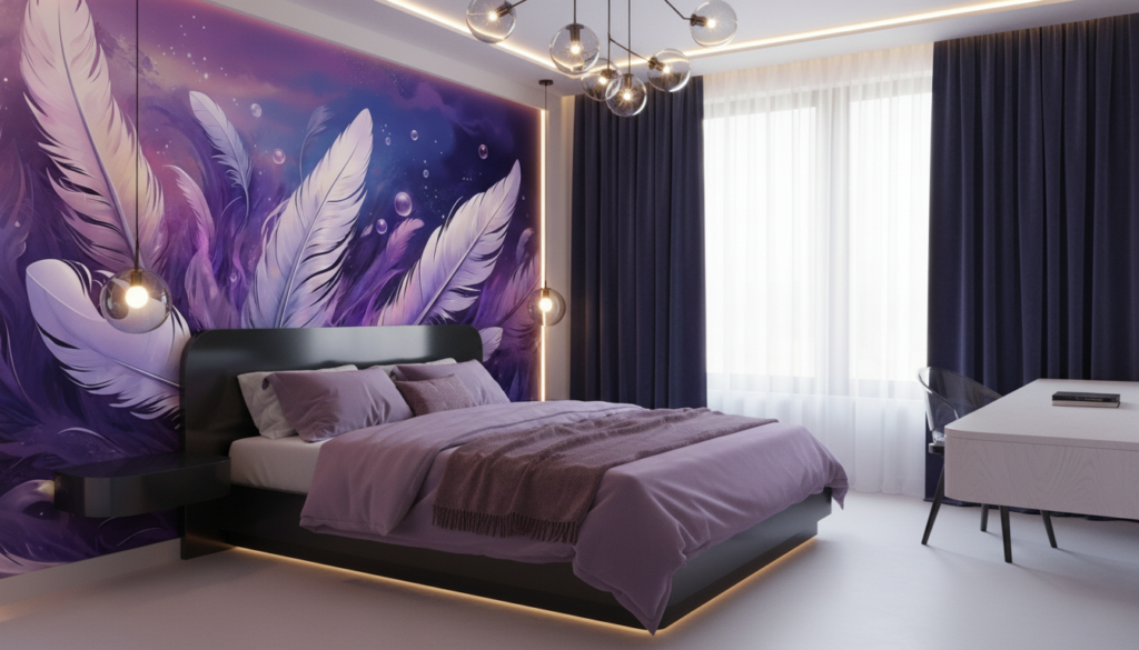 Papier Peint Plumes Éthérées Violet Cosmique Bulles Iridescentes - Chambre ado