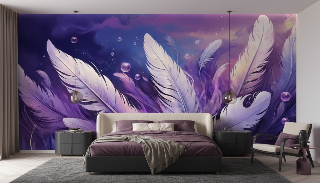 Papier Peint Plumes Éthérées Violet Cosmique Bulles Iridescentes - Chambre adulte