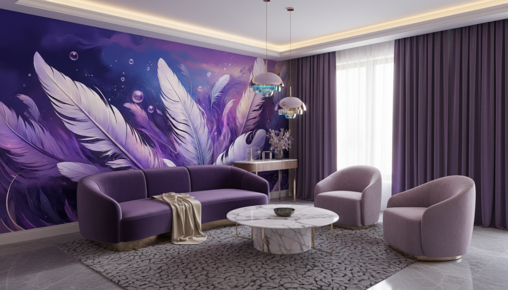 Papier Peint Plumes Éthérées Violet Cosmique Bulles Iridescentes - Hôtel