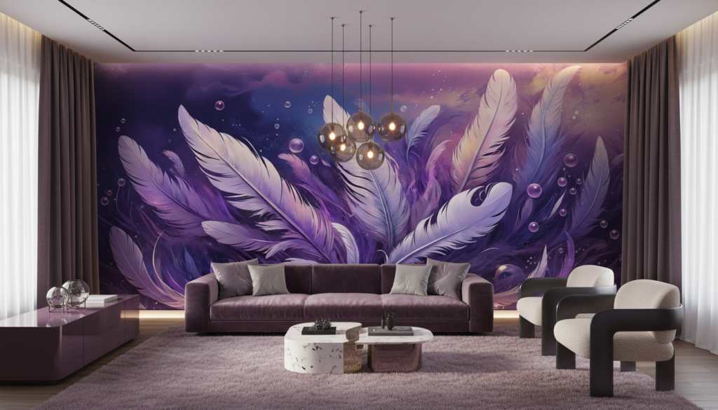 Papier Peint Plumes Éthérées Violet Cosmique Bulles Iridescentes - Salon / Séjour