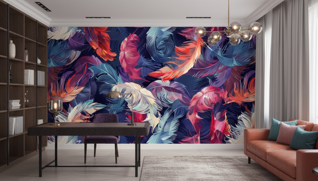 Papier peint plumes colorées style tropical moderne artistique - Bureau