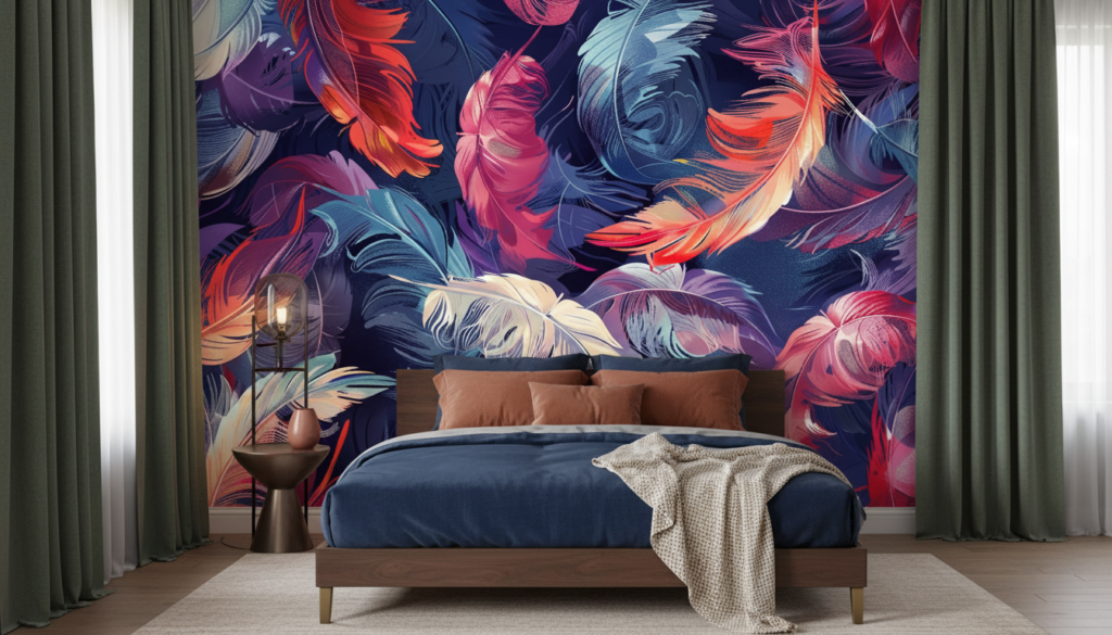 Papier peint plumes colorées style tropical moderne artistique - Chambre adulte