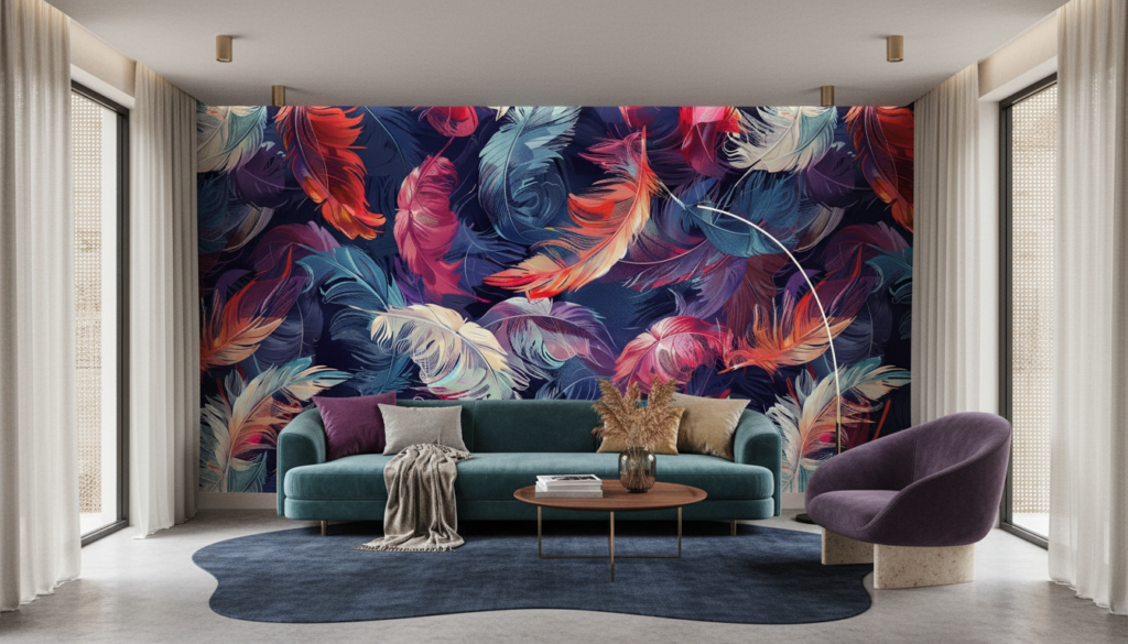 Papier peint plumes colorées style tropical moderne artistique - Salon / Séjour