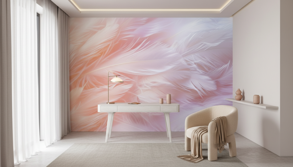 Papier Peint Plumes Douces Dégradé Rose Pêche Violet Pastel - Bureau