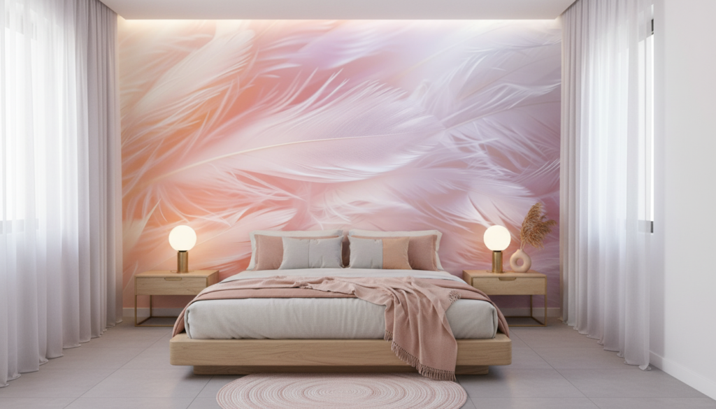 Papier Peint Plumes Douces Dégradé Rose Pêche Violet Pastel - Chambre adulte