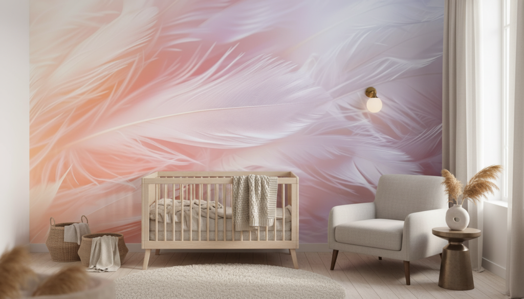 Papier Peint Plumes Douces Dégradé Rose Pêche Violet Pastel - Chambre bébé