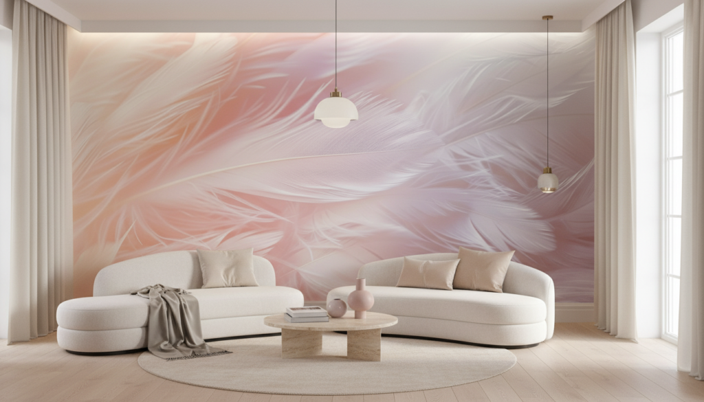 Papier Peint Plumes Douces Dégradé Rose Pêche Violet Pastel - Salon / Séjour