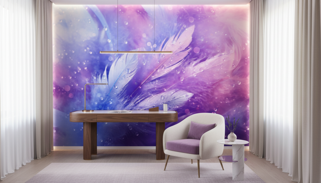 Papier Peint Plumes Éthérées Dégradé Violet Rose Cosmique - Bureau