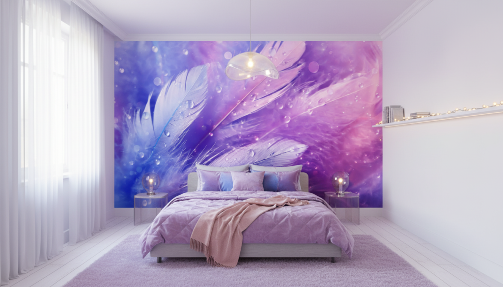 Papier Peint Plumes Éthérées Dégradé Violet Rose Cosmique - Chambre ado