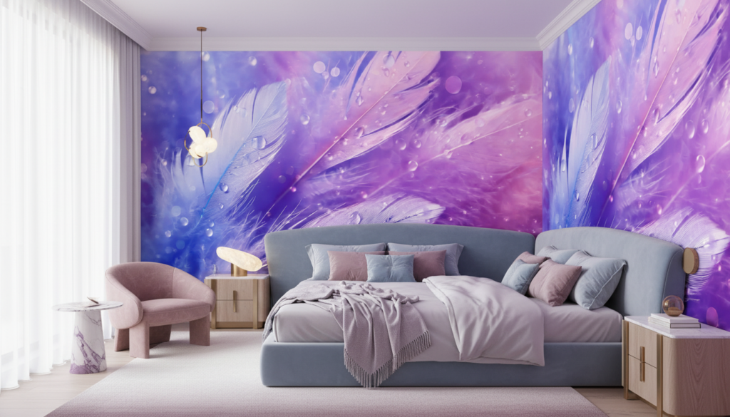 Papier Peint Plumes Éthérées Dégradé Violet Rose Cosmique - Chambre adulte